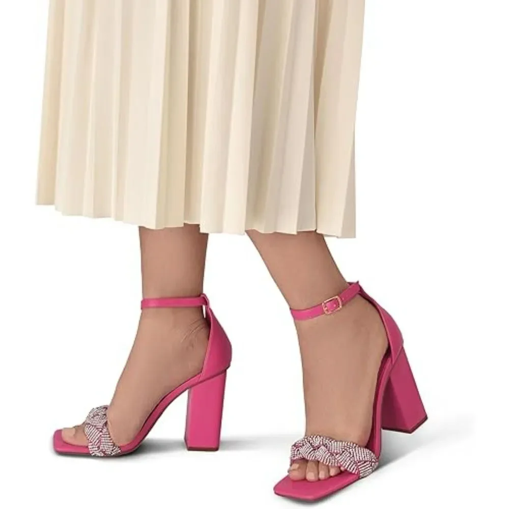 Women's Heels for Women Braided Open Toe Ankle Strap High Block Chunky Heels - Picture 5 of 6